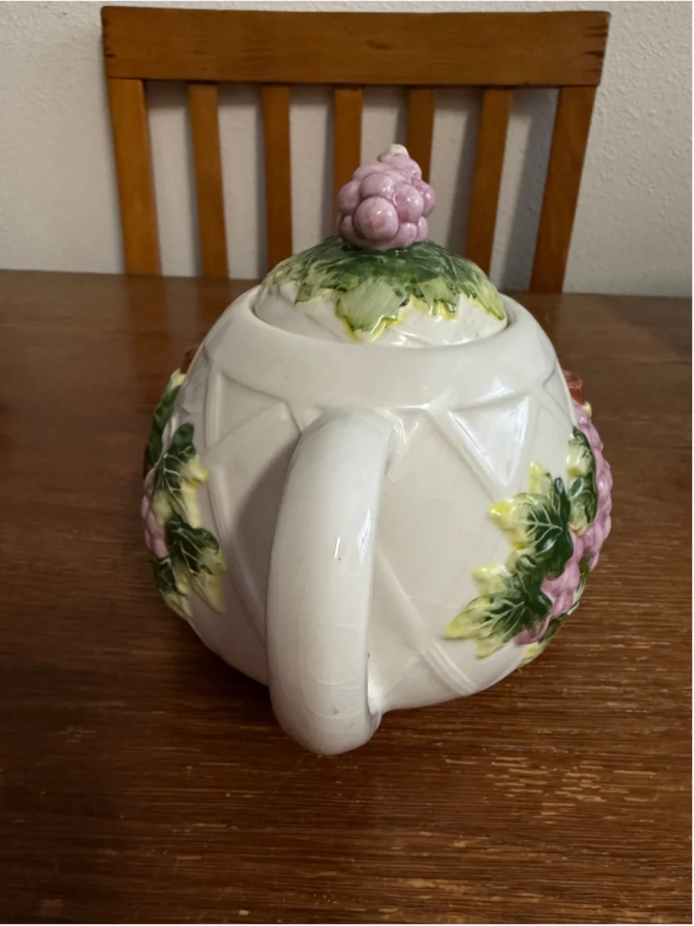 Vintage Ceramic Grape Teapot Embossed Basketweave Purple Grapes Raised Relief wi